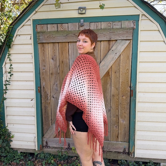 Handmade Rust Orange Crochet Ombre Shawl - Picture 3 of 6